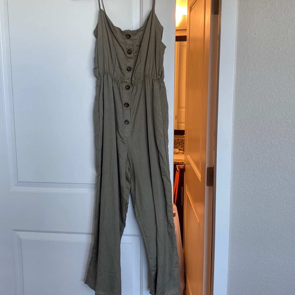 Olive green button up jumpsuit